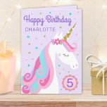 Rainbow Unicorn Personalised Age Purple Birthday Card<br><div class="desc">This birthday card features a cute whimsical unicorn design with faux gold glitter. The inside of the card has bunting and confetti. Personalise this card with a name and age on the front and your birthday message inside.</div>
