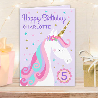Rainbow Unicorn Personalised Age Purple Birthday Card