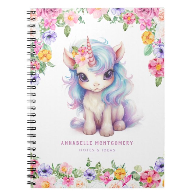 Rainbow Unicorn Personalised Name Cute Kids School Notebook (Front)