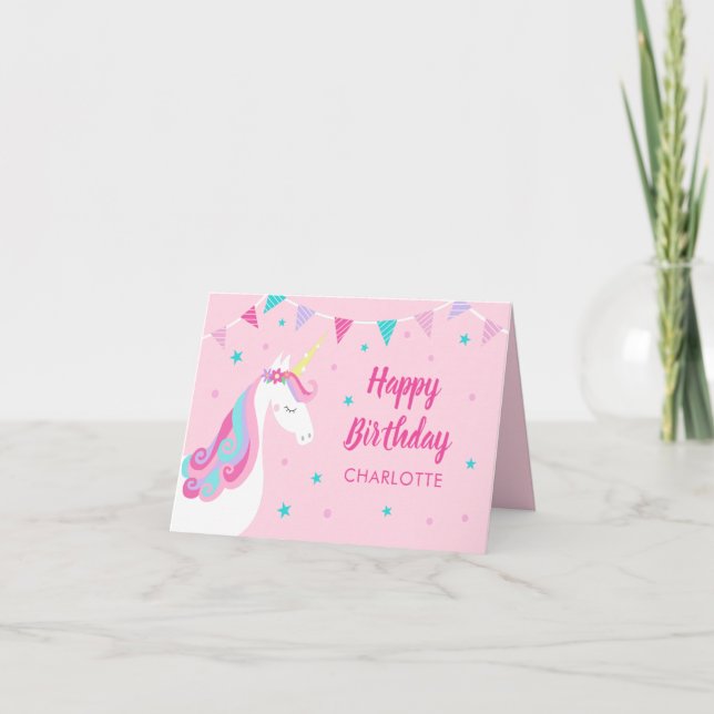 Rainbow Unicorn Personalised Pink Birthday Card (Front)