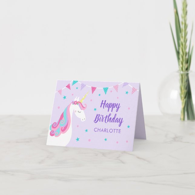 Rainbow Unicorn Personalised Purple Birthday Card (Front)