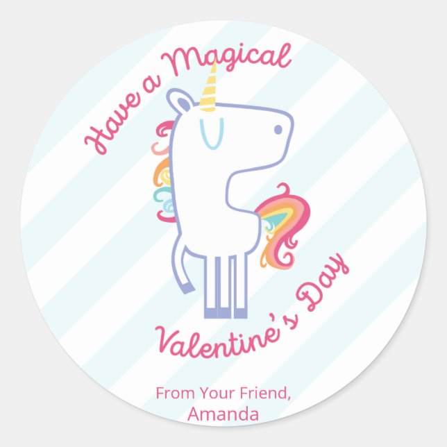 Rainbow Unicorn Personalised Valentine Classic Round Sticker (Front)