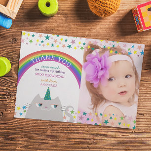 Rainbow Unicorn Photo Birthday Thank You Card