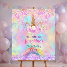 Rainbow Unicorn pink aqua birthday welcome sign