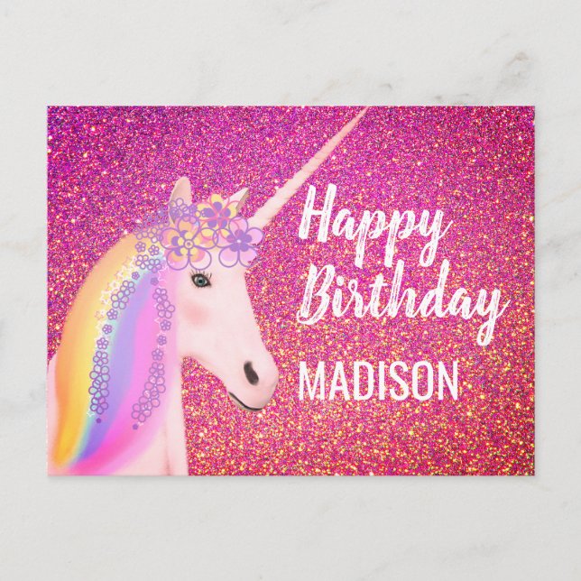Rainbow Unicorn Pink Faux Glitter Birthday Postcard (Front)
