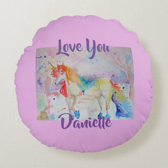 Rainbow Unicorn Pink Girls Nursery Love Cushion (Front)