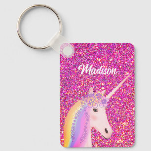 Rainbow Unicorn Pink Glitter Fantasy Personalised Key Ring