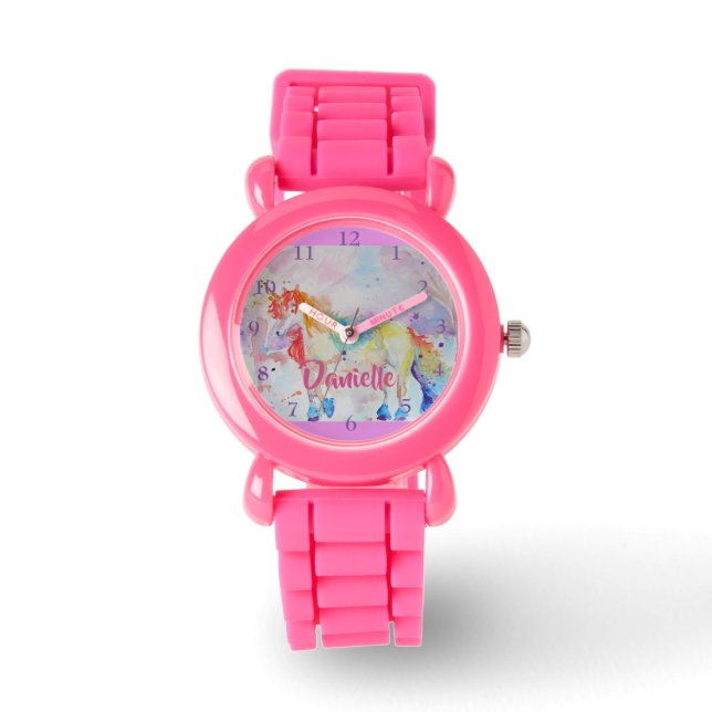 Rainbow Unicorn Pink Glitter Girls Name Watch (Front)