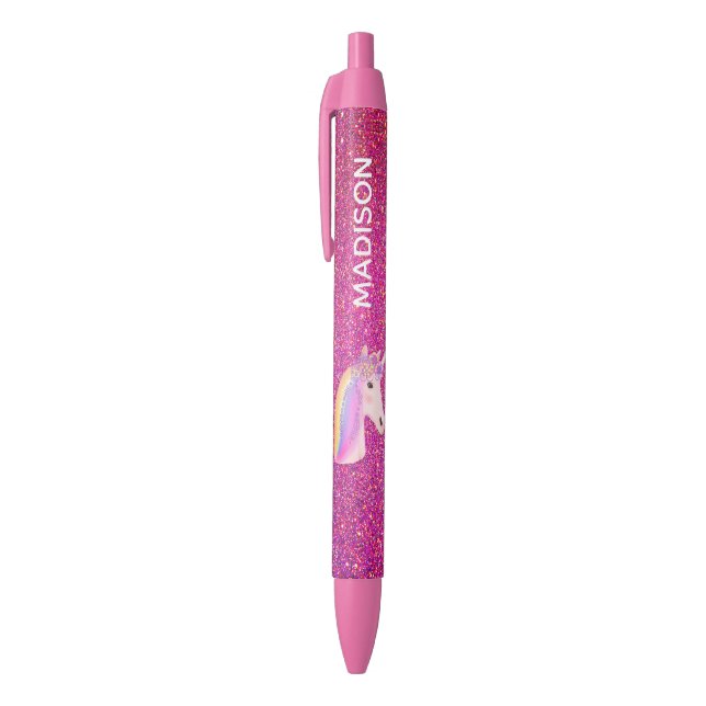 Rainbow Unicorn Pink Glitter Girls Personalised Black Ink Pen (Top (Vertical))