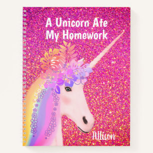 Rainbow Unicorn Pink Glitter Glam Personalised Notebook