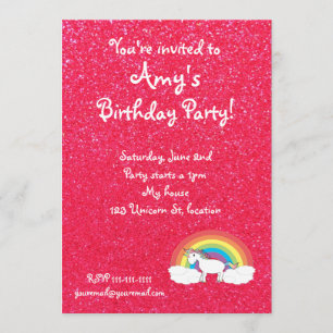 Rainbow unicorn pink glitter invitation