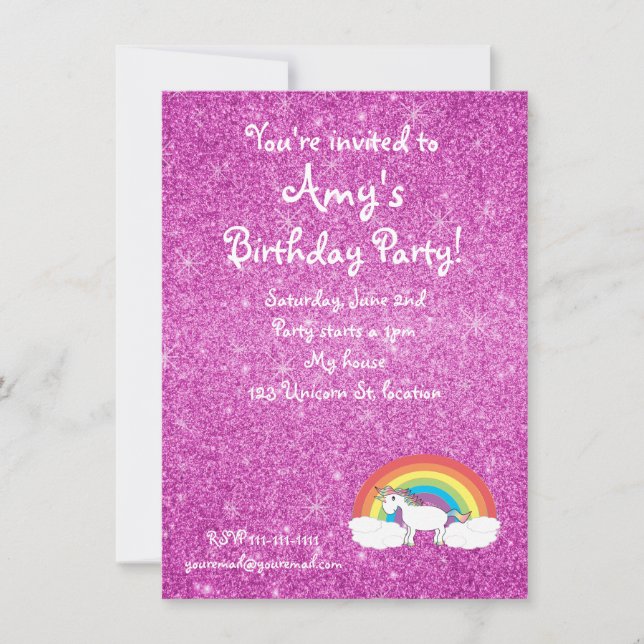 Rainbow unicorn pink glitter invitation (Front)