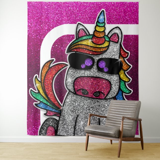 Rainbow Unicorn Pink Glitter Photo Booth Backdrop Tapestry (In Situ)