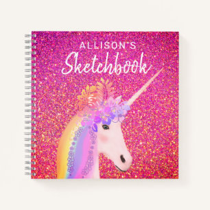 Rainbow Unicorn Pink Glitter Sketchbook With Name Notebook