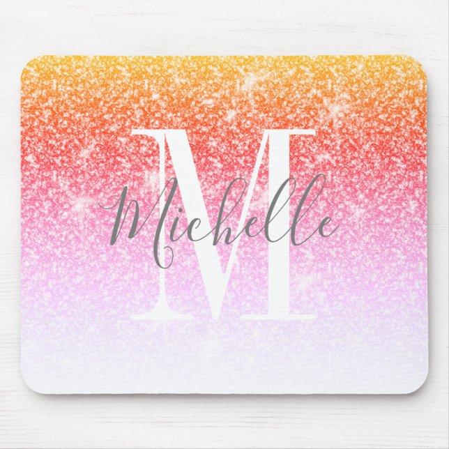 Rainbow Unicorn Pink Glitter Sparkle Monogram Name Mouse Mat (Front)