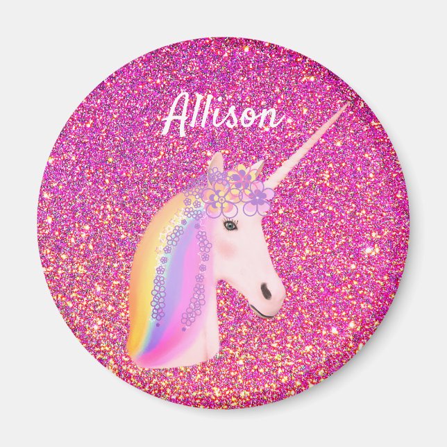 Rainbow Uniçorn Pink Glitter Sparkle Personalised Magnet (Front)