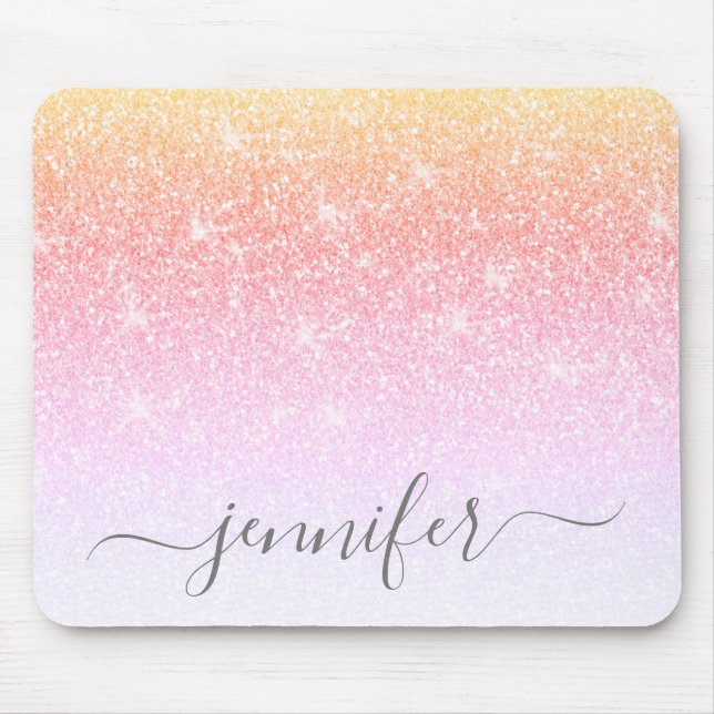 Rainbow Unicorn Pink Glitter Sparkle Your Name Mouse Mat (Front)