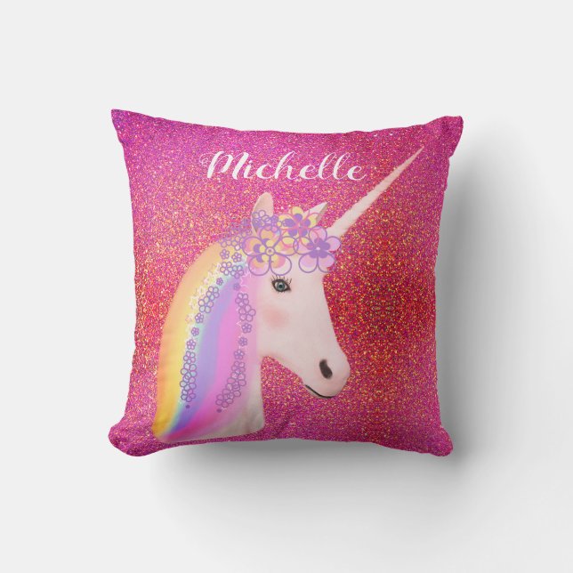 Rainbow Unicorn Pink Glitter Sparkles Personalised Cushion (Front)