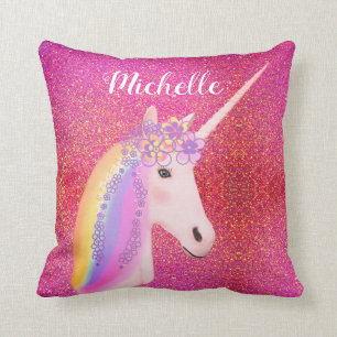 Rainbow Unicorn Pink Glitter Sparkles Personalised Cushion