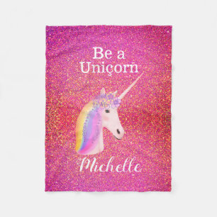 Rainbow Unicorn Pink Glitter Sparkles Personalised Fleece Blanket