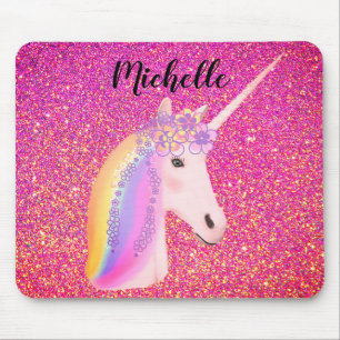 Rainbow Unicorn Pink Glitter Sparkles Personalised Mouse Mat