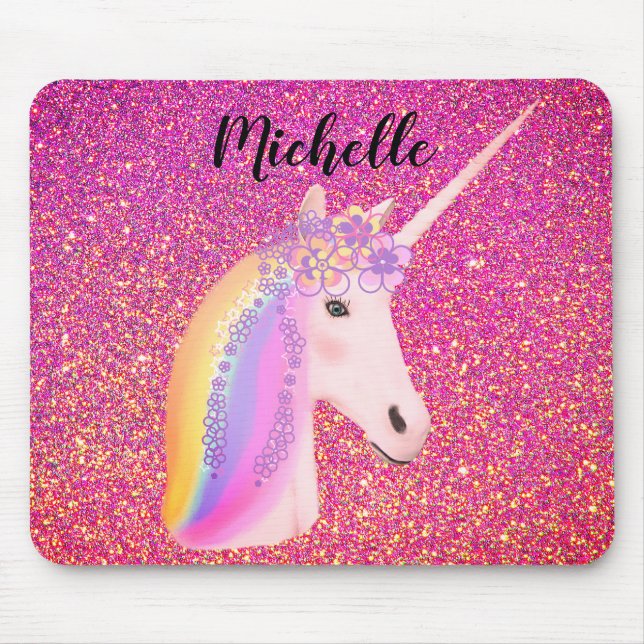 Rainbow Unicorn Pink Glitter Sparkles Personalised Mouse Mat (Front)