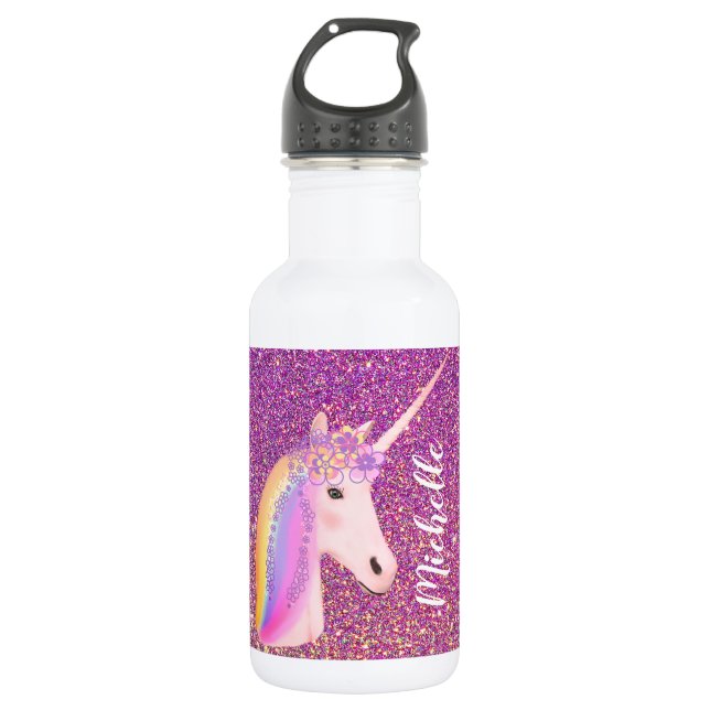 Rainbow Unicorn Pink Gold Glitter Sparkle Girls 532 Ml Water Bottle (Front)