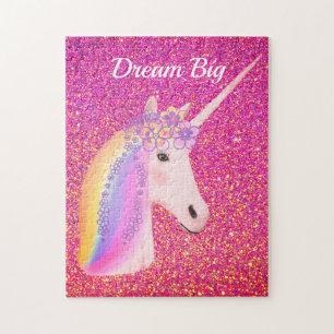 Rainbow Unicorn Pink Gold Glitter Sparkle Jigsaw Puzzle