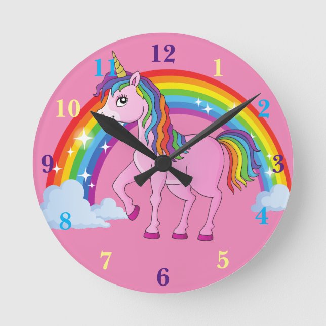 Rainbow Unicorn Pink Nursery Wall Clock (Front)
