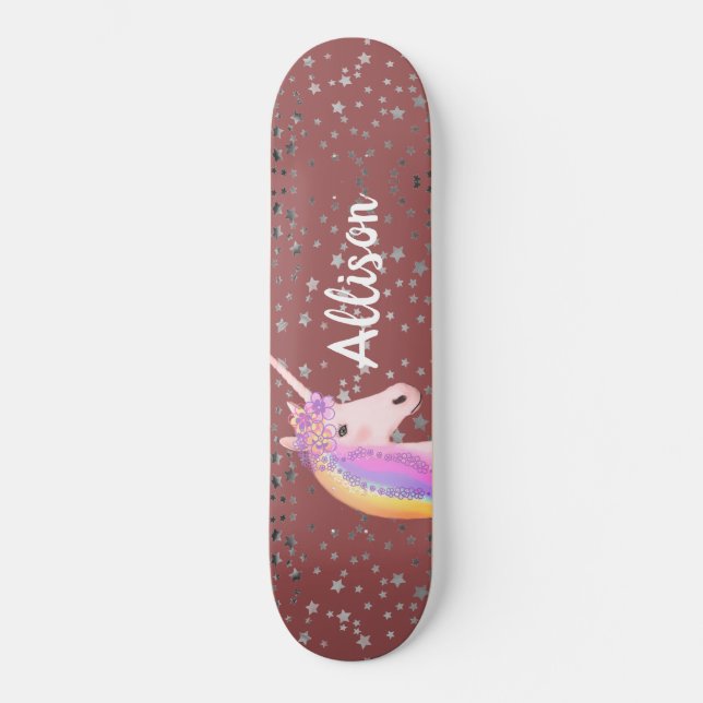 Rainbow Unicorn Pink Rose Girls Personalised Skateboard (Front)