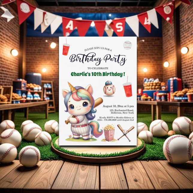Rainbow Unicorn playing Baseball 10th Birthday Invitation (Creator Uploaded)