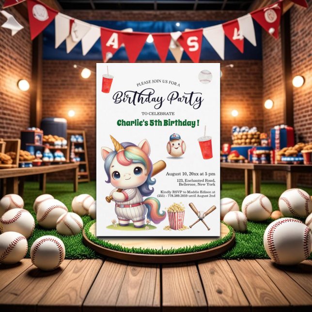 Rainbow Unicorn playing Baseball 5th Birthday Invitation (Creator Uploaded)
