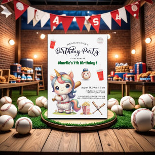 Rainbow Unicorn playing Baseball 7th Birthday Invitation