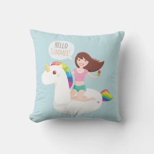 Rainbow Unicorn Pool Float Summer Throw Pillow