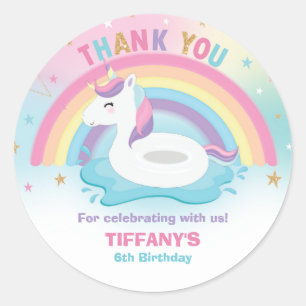 Rainbow Unicorn Pool Floatie Birthday Party Favour Classic Round Sticker