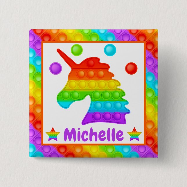 Rainbow Unicorn Pop It Fidget Toy Kids 15 Cm Square Badge (Front)