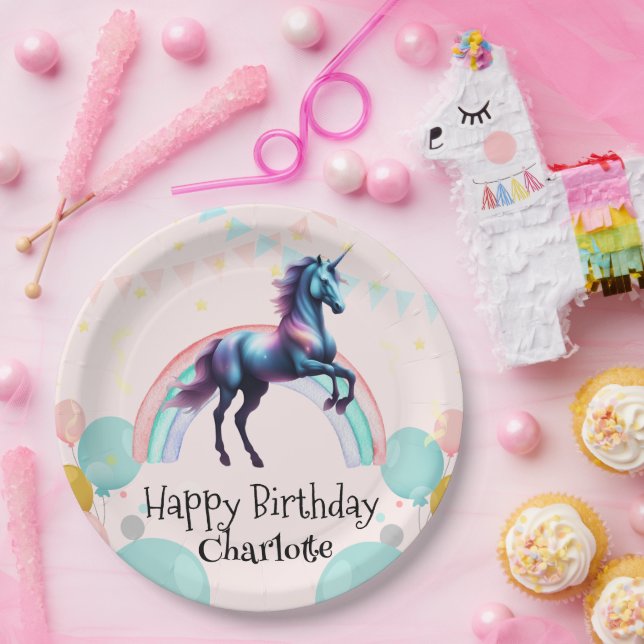  Rainbow Unicorn princess gradient birthday party  Paper Plate (Party)