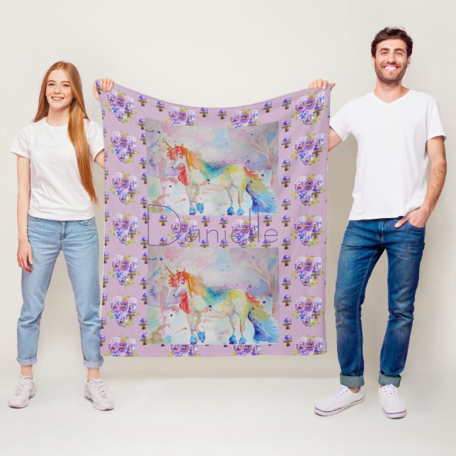 Rainbow Unicorn Purple Floral Pansy Fleece Blanket (In Situ)