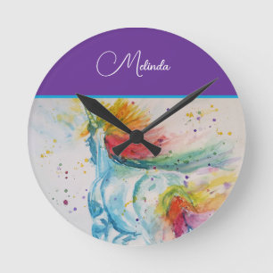 Rainbow Unicorn Purple Watercolor Girls Birthday Round Clock