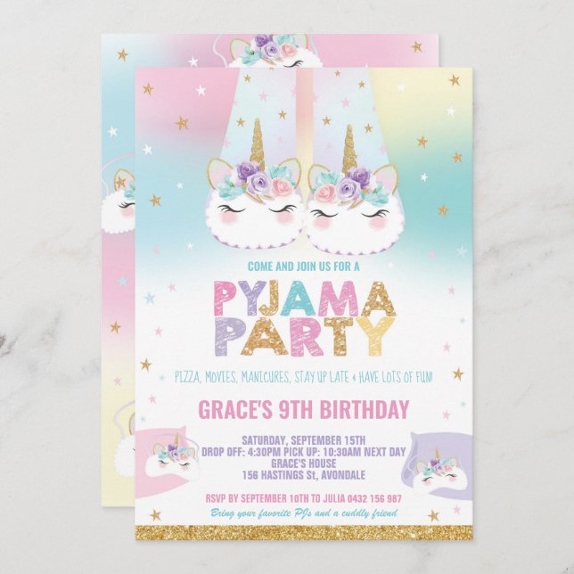Rainbow Unicorn Pyjama Birthday Party Pajama Invitation (Front/Back)