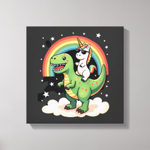 Rainbow Unicorn Riding T rex - Dinosaur Boys Girls Canvas Print