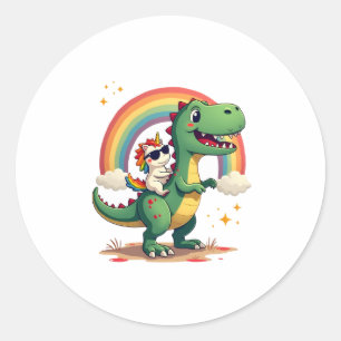 Rainbow Unicorn Riding T rex - Dinosaur Boys Girls Classic Round Sticker