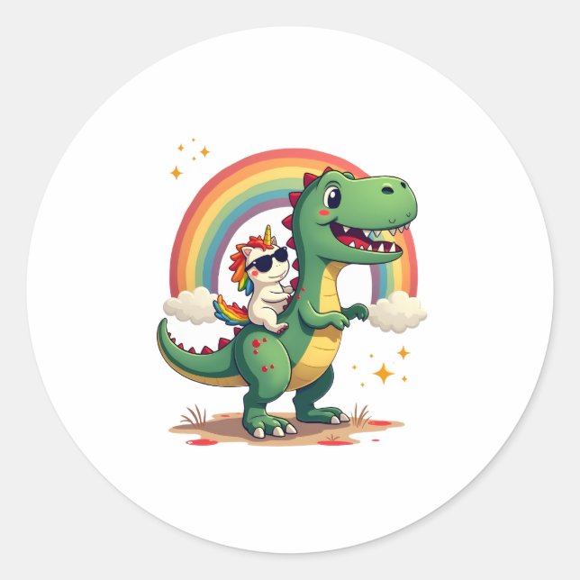 Rainbow Unicorn Riding T rex - Dinosaur Boys Girls Classic Round Sticker (Front)