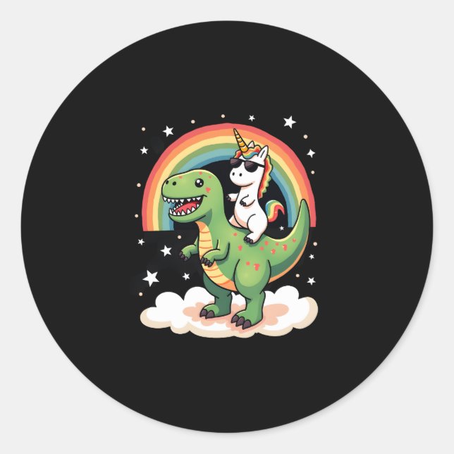 Rainbow Unicorn Riding T rex - Dinosaur Boys Girls Classic Round Sticker (Front)