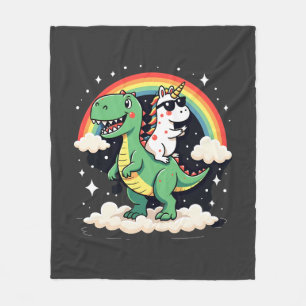 Rainbow Unicorn Riding T rex - Dinosaur Boys Girls Fleece Blanket