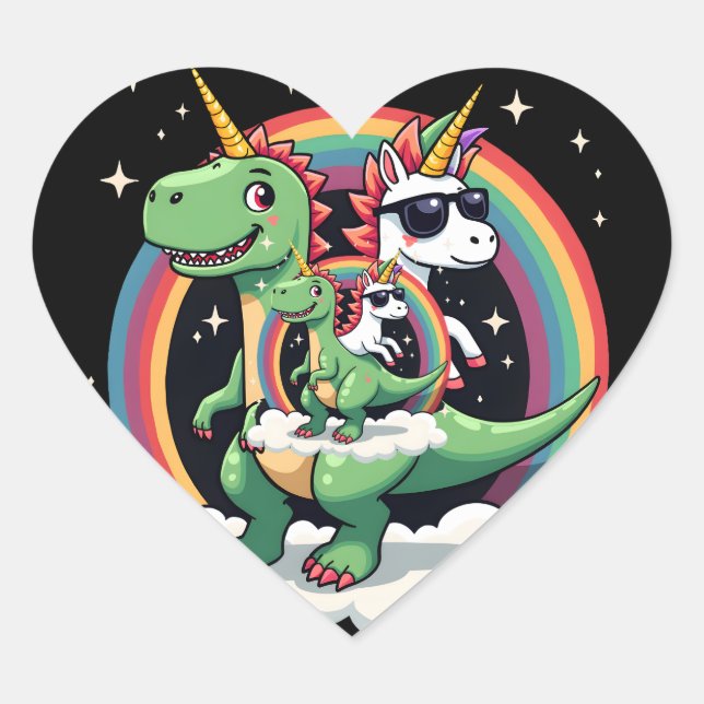 Rainbow Unicorn Riding T rex - Dinosaur Boys Girls Heart Sticker (Front)