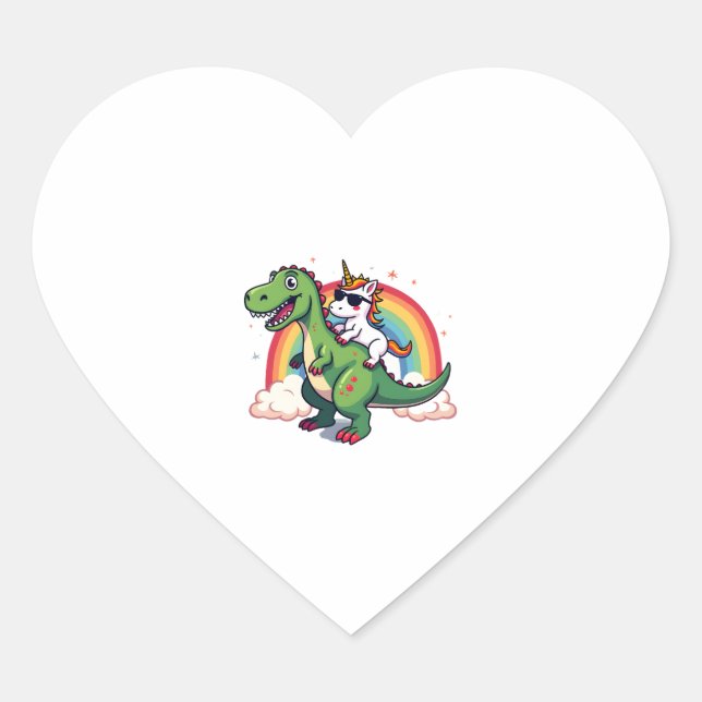 Rainbow Unicorn Riding T rex - Dinosaur Boys Girls Heart Sticker (Front)