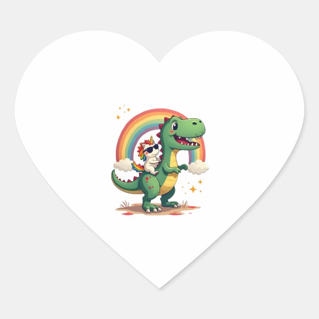 Rainbow Unicorn Riding T rex - Dinosaur Boys Girls Heart Sticker (Front)