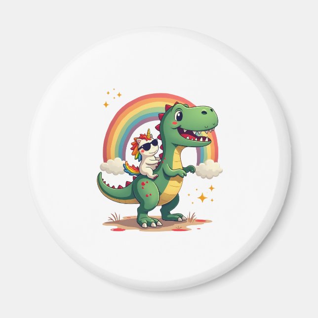 Rainbow Unicorn Riding T rex - Dinosaur Boys Girls Magnet (Front)