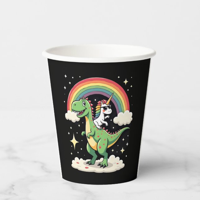 Rainbow Unicorn Riding T rex - Dinosaur Boys Girls Paper Cups (Front)